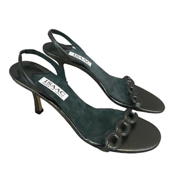 Isaac Mizrahi Size 9.5 Slingback Metallic Gray Leather Heel Sandals Italy - Picture 1 of 8